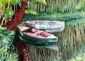 Mary Jean Mailloux; Giverny Punts, 2020, Original Watercolor, 14 x 10.4 inches. Artwork description: 241 What artist could fail to be mesmerized by the idyllic calmness and beauty of Monet s waterlily garden.  The two punts floating by the tree just waiting for someone to take them under the many bridges and through the myriad of waterlilies.  ...