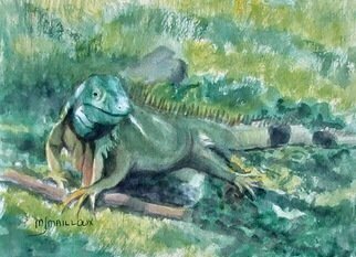 Mary Jean Mailloux; Iguana Camo, 2020, Original Watercolor, 8 x 6 inches. Artwork description: 241 So close in colour to its surroundings, this giant iguana, sat calmly next to the walkway.  It had no intention of moving.  I readily excused myself.  Up close it reveals its exquisite colouring...