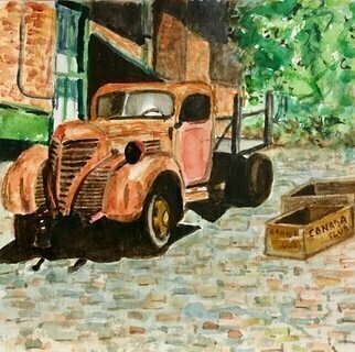 Mary Jean Mailloux; Old Distillery Van, 2022, Original Watercolor, 6 x 6 inches. Artwork description: 241 A trip down memory lane for some, a taste of a distant past for others. This old van at the Toronto Distillery District charms visitors while parked outside the distillery waiting for its next load of spirits. ...