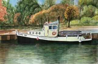 Mary Jean Mailloux; Orkney Isle, 2022, Original Watercolor, 19 x 13 inches. Artwork description: 241 Resting quietly on the 16 Mile Creek, this vintage vessels graces the town of Oakville with its presence now and then...