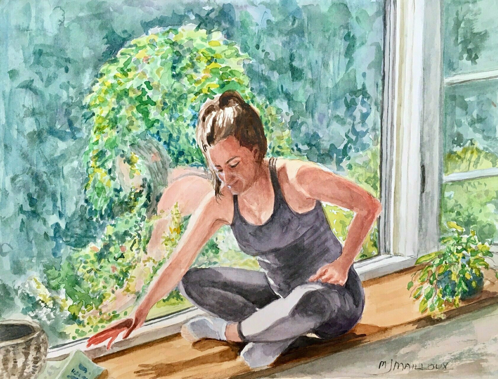 Mary Jean Mailloux; Reflections , 2022, Original Watercolor, 12 x 9 inches. Artwork description: 241 Figure, lighting, window, vines, shadow, shape.  Playing with light and shadow, working with shapes suffused lighting.  Mounted on self hanging wooden frame.  Protected with waterproof film...