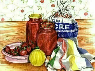 Mary Jean Mailloux, 'Summer Delights', 2003, original Watercolor, 16 x 12  inches. Artwork description: 2103 After the production of a summers batch of strawberry jam, there seems nothing more organic than to paint the results...