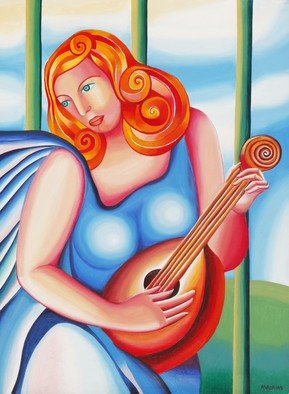 Mairim Perez Roca; Self Portrait, 2020, Original Painting Acrylic, 55 x 75 cm. Artwork description: 241 Technique: Acrylic on canvas Size: 55 cm x 75 cm Year: 2020 Comment: In the foreground this beautiful girl playing her mandolin. She is happy and the music accompanies her. The curved and wavy lines give her sensuality. Everything has movement, from the waves of her hair ...