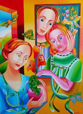 Mairim Perez Roca; The Family, 2019, Original Painting Acrylic, 55 x 75 cm. Artwork description: 241 Technique: Acrylic on canvasSize: 75 cm x 55 cmYear: 2019Comment: The painting shows a family of three very beautiful and delicate women.  The most interesting thing is the painting where the two female characters are: a mother offering much affection to her daughter. The ...