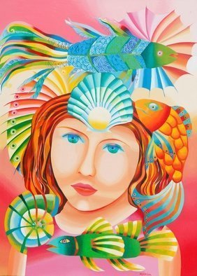 Mairim Perez Roca; The Fisherwoman, 2019, Original Painting Acrylic, 56 x 76 cm. Artwork description: 241 Technique: Acrylic on canvas Size: 76 cm x 56 cmYear: 2019Comment: The painting represents a beautiful girl that loves the world of the sea, the fish and the snails. She is crowned by a sea shell, which has the marine pearl giving her charm and ...