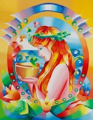 Mairim Perez Roca; The Girl Of The Origamis, 2018, Original Painting Acrylic, 55 x 75 cm. Artwork description: 241 Technique: Acrylic on canvas Size: 75 cm x 55 cm  Year: 2018Comment: Beautiful woman of profile. She has in her hands a vessel of where go out her doves with origamis forms to make them more creative and imaginative. The composition is enclosed in an oval ...