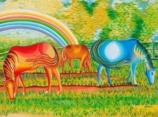 Mairim Perez Roca; The Rainbow Accompanies Them, 2019, Original Painting Acrylic, 76 x 56 cm. Artwork description: 241 Technique Acrylic on canvasSize 76 cm x 56 cmYear 2019Comment The painting describes a scene of three horses.  One orange red in the foreground, the other blue green in the background and the third smallest in Carmelite.  It is a composition that revolves around these ...