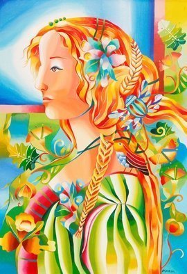 Mairim Perez Roca; The Saleswoman Of Flowers, 2018, Original Painting Acrylic, 60 x 86 cm. Artwork description: 241 Technique: Acrylic on canvas Size: 86 cm x 60 cm  Year: 2018Comment: Profile girl giving us a canon of beauty that reminds us the classic style, based in her fineness and grace. Her hair is the protagonist and it is so much her love for the ...