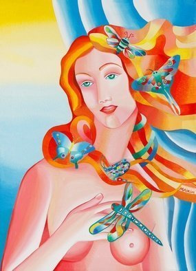 Mairim Perez Roca; The Venus Of The Butterflies, 2018, Original Painting Acrylic, 55 x 75 cm. Artwork description: 241 Technique: Acrylic on canvas Size: 75 cm x 55 cm  Year: 2018Comment: Redhead girl with the body and hair adorned by butterflies and dragonflies. She has the beauty of her nakedness and youth, given by the soft colors of her skin, with the mixture of the ...