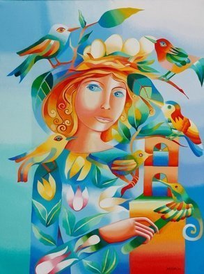 Mairim Perez Roca; Woman With Birds, 2019, Original Painting Acrylic, 55 x 75 cm. Artwork description: 241 Technique: Acrylic on canvas Size: 75 cm x 55 cm  Year: 2019Comment: She is surrounded of birds and she is happy. In her head she has the nest of the birds, with the eggs, the leaves and the branches of the trees. She takes care of ...