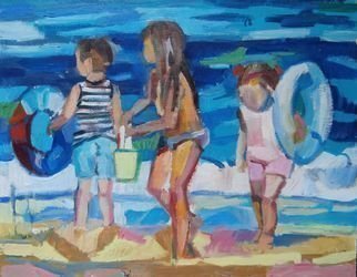 Maja Djokic Mihajlovic, 'Children At The Beach', 2018, original Painting Oil, 25 x 20  cm. Artwork description: 1758 children, beach, summer, play, ...