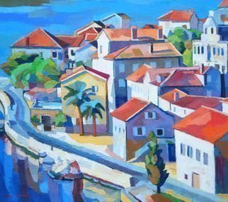 Maja Djokic Mihajlovic, 'Seascape', 2010, original Painting Oil, 50 x 45  x 2 cm. Artwork description: 2448 Sea, seascape, town, mediterranean area, promenade, road, marina, houses, buildings, ...
