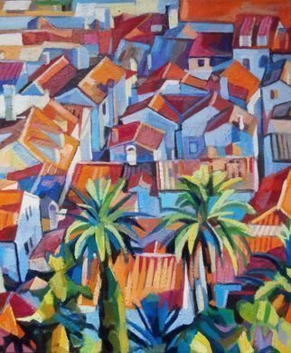 Maja Djokic Mihajlovic; Seascape With Palm Tree, 2018, Original Painting Oil, 50 x 60 cm. Artwork description: 241 palm tree, seascaperoofs,red,summer...