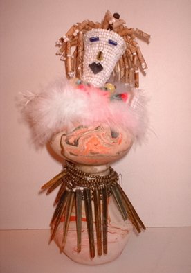  Malke, 'Ma Kachina', 2008, original Sculpture Mixed, 4 x 12  x 4 cm. Artwork description: 3099  My own spirit Kachina, made of clay. beads, feathers, wood, fabric.  She has a carved little bird on top of her head ...