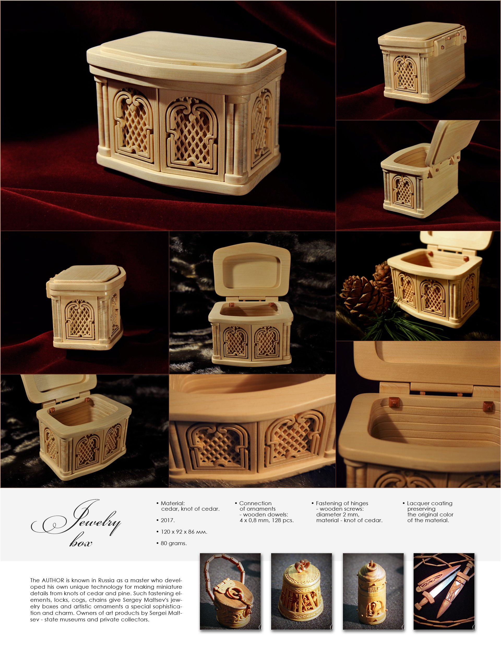 Sergey Maltsev; Cedar Jewelry Box, 2017, Original Woodworking, 12 x 8.6 cm. Artwork description: 241 CEDAR JEWELRY BOX, MADE BY UNIQUE TECHNOLOGY.Handmade.  The material is cedarSiberian cedar, Pinus sibirica .Weight 80 grams.  When creating the casket, unique ways of working with the material are used1The case of the casket is dialed in layers.  Decorative inserts with ornaments and meshes are made ...