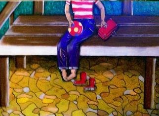 Mamu Art; Allein, 2008, Original Painting Acrylic, 100 x 70 cm. Artwork description: 241 Einsam sitzt der kleine Junge auf der Parkbank, den Koffer neben sich, den Ball in der Hand. Wann kommt jemand und hilft ihm, das Stiefelchen anzuziehen?    ...