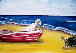 Mamu Art; Begegnungen, 2010, Original Painting Acrylic, 70 x 50 cm. Artwork description: 241  Wer bist denn Du, scheint der kleine Hund zu fragen, als er die Riesenschildkrote im Sand entdeckt. Vom sicheren Boot aus, kann er das fremde Tier schwanzwedelnd begrussen.       ...