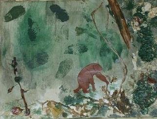 Mamu Art; Dschungel, 2005, Original Mixed Media, 30 x 15 cm. Artwork description: 241  Kleiner Affe schwingt durchs dichte Dschungelgrun ...