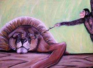 Mamu Art; Truegerischer Frieden, 2009, Original Painting Oil, 80 x 60 cm. Artwork description: 241  Frecher Affe kitzelt vorwitzig einen scheinbar schlafenden Lowen an der Nase ...