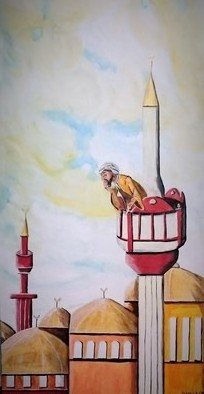 Mamu Art; Der Muezzin, 2018, Original Painting Acrylic, 50 x 100 cm. Artwork description: 241 Bis in die Wolken ragt das Minarett mit seinem goldenen Dach. Mit Blick auf die Stadt beugt sich der Muezzin hinunter, um die GlA$?ubigen zum Gebet zu rufen. ...