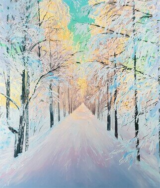 Mantas Naulickas; Frost, 2022, Original Painting Oil, 80 x 100 cm. Artwork description: 241 I walk a long the country road while the sun is still emergingfrom a nights sleep. My nose is sticky from a cold, so i m barely breathing and I m afraid that the squeaky fairy tale will end before it even begins...