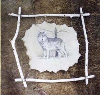 Thomas Konrath; Watcher On High Ground, 2002, Original Drawing Pen, 20 x 16 inches. Artwork description: 241 pen & ink on leather, a timber wolf on a ridge....