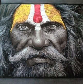 Manish Vaishnav; Holy Sadhu Handmade Painting, 2021, Original Painting Acrylic, 36 x 48 inches. Artwork description: 241 this black and white painting of sadhu with vishnu tilaka looking at you with a lot of power and energy meditation, made on silk with watercolors. thank you for lookingmanish...