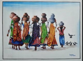 Manish Vaishnav; Indian Women Painting, 2021, Original Painting Acrylic, 32 x 36 inches. Artwork description: 241 hand made painting of rajasthani women carrying water on head using acrylic colour on canvas. Rajasthani women collecting water in pots for their families, as part of their daily lives. This is beautiful cultural Rajasthani women painting of India. Excellent decoration to bedroom, living room, office, or ...
