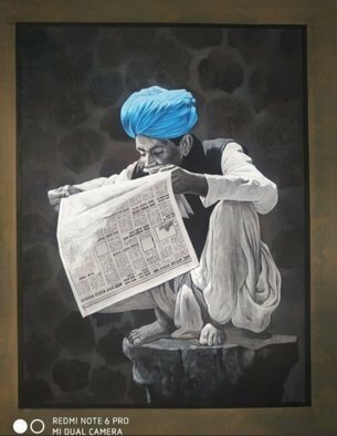 Manish Vaishnav; Reading News Paperneutral, 2021, Original Painting Acrylic, 36 x 42 inches. Artwork description: 241 rajasthani Indian turban men reading a news paper hand made painting made on canvas cloth using acrylic colours. its painted using gum mix colour on a strong and durable canvas fabric. colour is considered the most difficult painting media because of technique, control and time factors. This ...