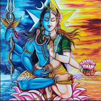 Manish Vaishnav; Shiva Shakti Paintings, 2021, Original Watercolor, 36 x 42 inches. Artwork description: 241 ARDHNARISHWARA  A very unique piece of art painting to give your home or office wall a grand luxurious look. . It is very powerfull and modern yet devotional painting of Shiva and Parvati, Shiva and Shakti which indicates that tha masculine and feminine are inseparable. .Ardhnarishwara is a ...