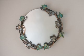 Stephen Maresco; Steel Copper Round Vine Mirror, 2019, Original Furniture, 22 x 22 inches. Artwork description: 241 Round mirror with steel and copper vine- work and open ended.  Hand cut, hand ground leaves with patina finishes. ...