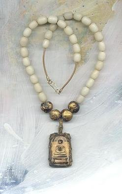 Margaret Stone, 'Golden Buddha W Prayer Beads', 2004, original Jewelry, 1 x 14  inches. Artwork description: 4683 The pendant is a Bali Altar piece with Buddha. Buri beads and four ancient prayer beads are strung on tan leather.  The necklace is 23 inches around.  The altar piece and prayer beads are gold leafed....