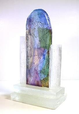 Margaret Stone, 'The Storyteller', 2002, original Glass, 9 x 16  x 5 inches. Artwork description: 3891 Kiln cast and fused glass. Panel is cooled and the drawing is done on the glass with glass stainers colors and fused onto the glass.  The base and pilars are cast and the piece is assembled....