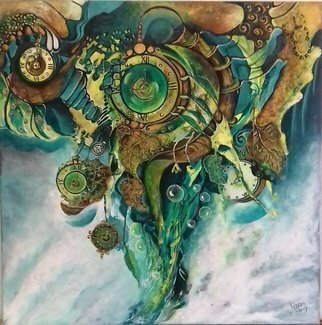 Mariana Oros; Daca Timpul Ar Fi Avur Frunze, 2019, Original Painting Acrylic, 80 x 80 cm. Artwork description: 241 fantasy, surrealism, brown, gold, clocks, acrylic painting...