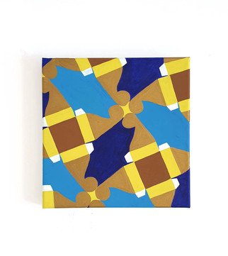 Marisa Torres; Geometries Blueyellow, 2021, Original Painting Acrylic, 12 x 12 inches. Artwork description: 241 Attracted by the shape of an unfolded take- out box and its geometry, I have created the pattern in this painting. The color combination is inspired by the work of the Italian Rennaissance painter Fra Angelico. Through the logical, systematic approach of geometry, I am looking for ...