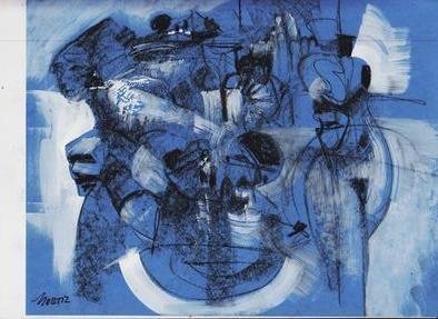 Mario Ortiz Martinez, 'Rhapsody In Blue', 2019, original Mixed Media, 11 x 9  inches. Artwork description: 7455 STUDY IN TWO COLORS DEPICTING GHOSTLIKE FIGURES, A PIECE OF SUGGESTION. ...