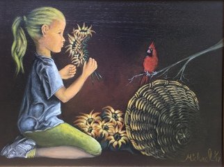 Michael Arnold; Girl With A Cardinal, 2017, Original Painting Acrylic, 24 x 18 inches. Artwork description: 241 Girl with a cardinal is an original acrylic painting on canvas by award winning artist Michael Arnold.  The painting displays a child sitting with some sunflowers and is joined by a cardinal.  ...