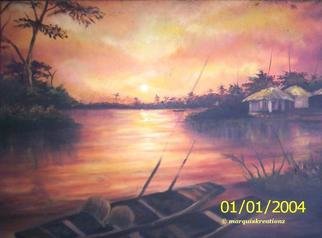 Moses Marquis Okpeyowa; Red Solitude, 2005, Original Painting Oil, 25 x 35 inches. Artwork description: 241  This shows a typical sunsetting setting in a small and quiet rural village area in Nigeria's Niger Delta region. The beauty of the sunset is displayed in its natural colors of red while reflecting on the still, deserted and redlike mud river in Porhartcourt, in Rivers ...