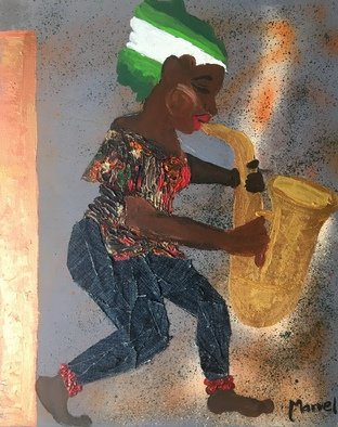 Marvel Ebiwari; Saxophone Girl, 2018, Original Painting Acrylic, 20 x 30 cm. Artwork description: 241 the medium is mixed mediaacrylic and jeans fabric. ...