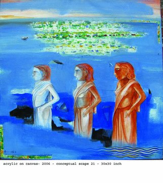 Anindya Roy; Conceptual Scape 11, 2006, Original Painting Acrylic, 30 x 30 inches. Artwork description: 241          A imaginative visual efect , an idea grown from concious mind graph of a country acquatic area.        ...