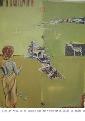 Anindya Roy; Conceptual Scape 55, 2009, Original Painting Acrylic, 48 x 36 inches. Artwork description: 241  A typical land scape , I tryid to catch the game of light and shade of a open field. the relation with living and non- livilg objects. ...