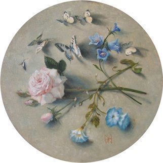 Yuriy Matrosov; Butterflies And Rose, 2019, Original Painting Oil, 19.7 x 19.7 inches. Artwork description: 241 Butterflies and rose is the round picture.  Its diameter is 19. 7 inches.  This is the third picture from a series of round pictures with butterflies.  The color scheme in which the paintings are made is chosen in such a way that the paintings fit perfectly into ...