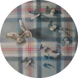 Yuriy Matrosov; Butterflies On Tartan Pattern, 2019, Original Painting Oil, 19.7 x 19.7 inches. Artwork description: 241 Butterflies on tartan is the round picture on the pattern like the Burberry one.  Its diameter is 19. 7 inches.  This is the first picture from a series of round pictures with butterflies.  The color scheme in which the paintings are made is chosen in such a ...
