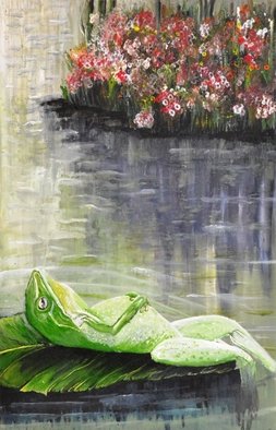 Medea Ioseliani; Relaxing Frog In A Sunny Pond, 2017, Original Painting Acrylic, 40 x 60 cm. Artwork description: 241 A little frog is happily relaxing in the pond with flower...