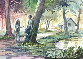 Mintu Maji; From School, 2013, Original Watercolor, 8 x 6 inches. Artwork description: 241       water color painting, water color, landscape, bengal art, bengal village    water color/ painting/ landscape/ drawing  ...