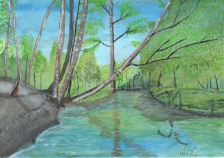 Mel Beasley; Watery Landscape, 2018, Original Watercolor, 11 x 8 inches. Artwork description: 241 Small river landscape. ...