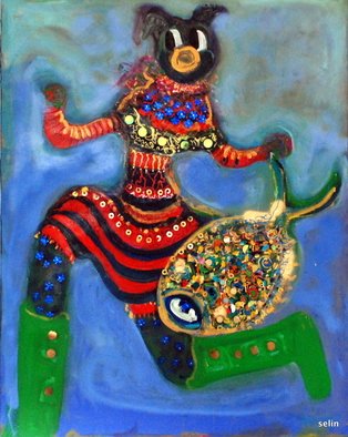 Selin Melek Aktan; Bear , 2010, Original Painting Acrylic, 60 x 80 cm. Artwork description: 241       selin Melek Aktan, figuratif art, children, boy, girl, friends, princess, queen, bear , toy, fish     ...