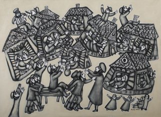 Melita Kraus; First Snow In Chelm, 2017, Original Painting Acrylic, 100 x 80 cm. Artwork description: 241 Judaic art depicting a scene from famous Jewish folk stories about wise people of Chelm rejoicing the first snow. Often compared to Chagall school of painting. ...