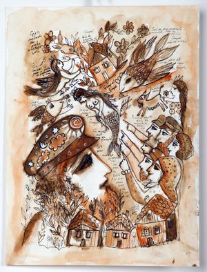 Melita Kraus; Gimpel The Fool, 2014, Original Drawing Ink, 20 x 40 cm. Artwork description: 241 The painting depicts the story of Gimpel, a simple bread maker who is the butt of many of his town s jokes. Inspired by a short story by Isaac Bashevis Singer...
