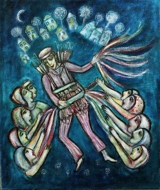 Melita Kraus; Street Merchant, 2016, Original Painting Acrylic, 120 x 100 cm. Artwork description: 241 Judaic art depicting Shtetl life painted in dominant colors, blue. Often compared to Chagall school of painting. ...
